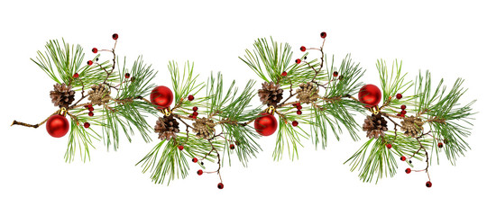 Pine branch with cones, Christmas decoration and red dry berries in a line arrangement