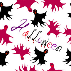 Black and red ghosts halloween seamless pattern.