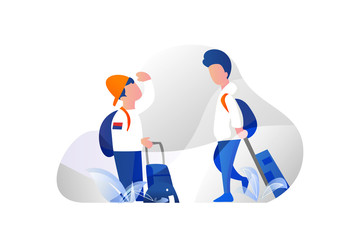 Young people traveling. world tourism day concept. young people with travel bag and map traveling vector illustration concept for web landing page template, banner, flyer and presentation