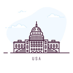 United States of America city line style illustration. Famous Capitol Building. Architecture city symbol of States. Outline building. Sky clouds on background. Travel and tourism banner.