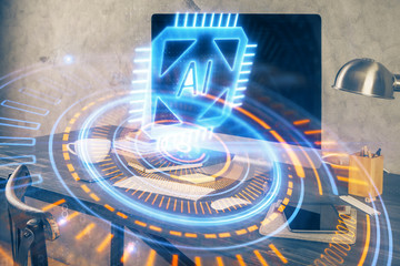 Technology theme drawing and table with computer. Double exposure. Concept of information.