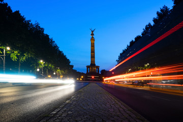 Berlin center capital, at night long time light with car light and light stripe, sights