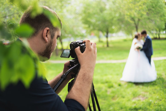 The videographer shootes the marrieds in the garden in the summer.