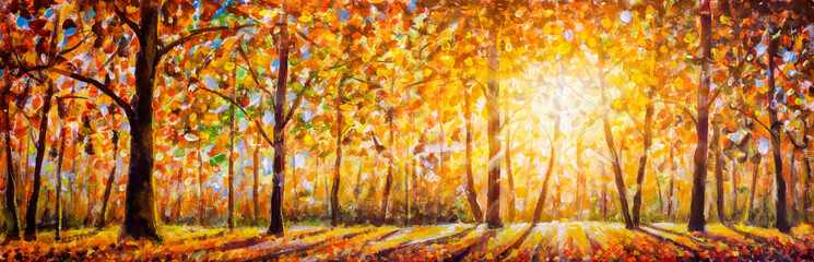 Goldenes Herbstpanorama-Impressionismus-Ölgemälde. Wunderschönes Herbstlandschaftspanorama des malerischen Waldes mit warmem Sonnenschein © weris7554