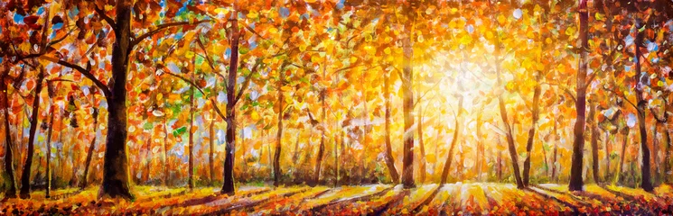 Poster Gouden herfstpanorama impressionisme olieverfschilderij. Prachtig herfstlandschapspanorama van schilderachtig bos met warme zonneschijnkunstwerken © weris7554