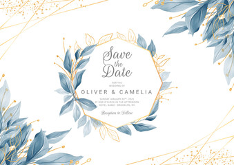 Modern navy blue wedding invitation card template with watercolor floral frame and border. Greenery floral border save the date, invitation, greeting card vector