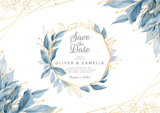 Modern navy blue wedding invitation card template with watercolor floral frame and border. Greenery floral border save the date, invitation, greeting card vector