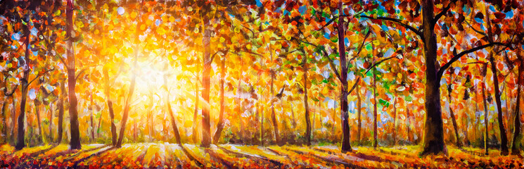 Extra breites Panorama des wunderschönen Waldes im Herbstölgemälde, malerische Landschaft mit angenehm warmem Sonnenscheinaquarell. Moderne Kunst. © weris7554