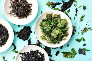 Dry seaweed, sea vegetables, top shot on a light blue background