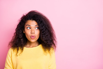 Close-up portrait of her she nice-looking attractive charming lovely cute pretty minded wavy-haired girl pout lips thinking looking aside isolated over pink pastel color background