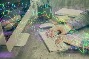 Double exposure of financial graph with man works in office on background. Concept of analysis.
