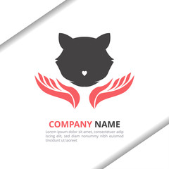 Cat love and hand logo design concept with flat style for animal shop, pet care, brand identity