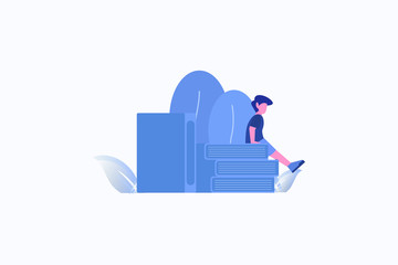 International Literacy Day. man sitting on a pile of books vector illustration concept for web landing page template, banner, flyer and presentation