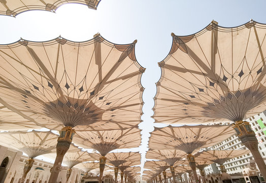 Medina, Saudi Arabia - March 22, 2018 : Exterior view of Nabawi Mosque (Prophet Mosque) building in Medina. Selective focus