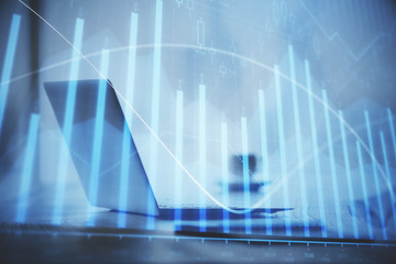 Multi exposure of forex graph and work space with computer. Concept of international online trading.