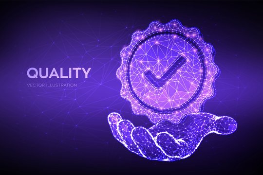 Quality. Low polygonal Quality icon check in hand. Standard Quality Control Certification Assurance. Guarantee, premium choice, good product, choose warranty concept. Vector illustration.