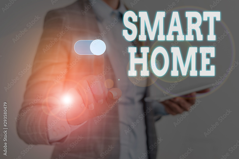 Poster writing note showing smart home. business concept for automation system control lighting climate ent