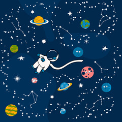 Naklejka premium Kreskówka astronauta w przestrzeni kosmicznej z planetami, ziemią, księżycem i znakami zodiaku. Futurystyczne tło z konstelacjami, kosmonautą i gwiazdami. Wzór Galaxy dla dzieci.