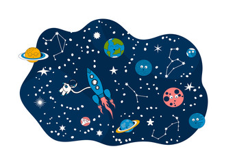 Cartoon space frame with spaceship and astronaut, earth, moon, planets and zodiac signs. Futuristic background with constellations, rocket and stars. Galaxy border for kids.