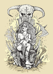Hand drawn hipster queen on a throne with skulls in hell. Vector illustration.