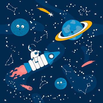 Cartoon pattern with astronaut on a spaceship in the outer space with saturn and other planets. Futuristic background with cosmonauts, comets and stars. Galaxy wallpaper for kids.