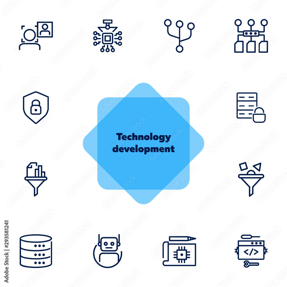 Poster technology development line icon set. computer service, bot, database. it concept. can be used for t