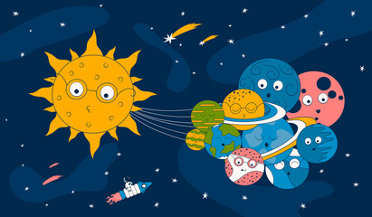 Cartoon solar system background with cute earth, saturn, sun and planets. Futuristic background with comets and stars. Galaxy banner for kids.