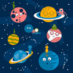 Cartoon pattern with aliens on a spaceship  and planets in space. Futuristic background with ufo cute monsters and stars. Galaxy wallpaper for kids.