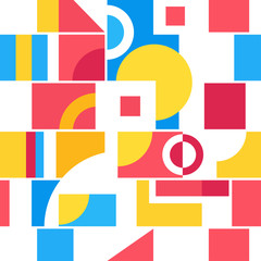 Vector seamless pattern. Minimalistic geometric background. Flat concept. Colored figures. Squares, circles, semicircles, lines. Elements of graphic design. Modern vibrant backdrop