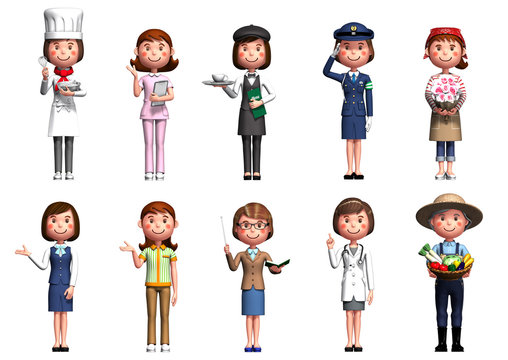 10 types of female profession illustrations in 3d render