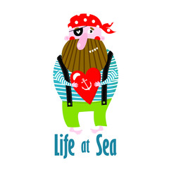 Vector illustration of a cartoon pirate. poster for children. Life at sea