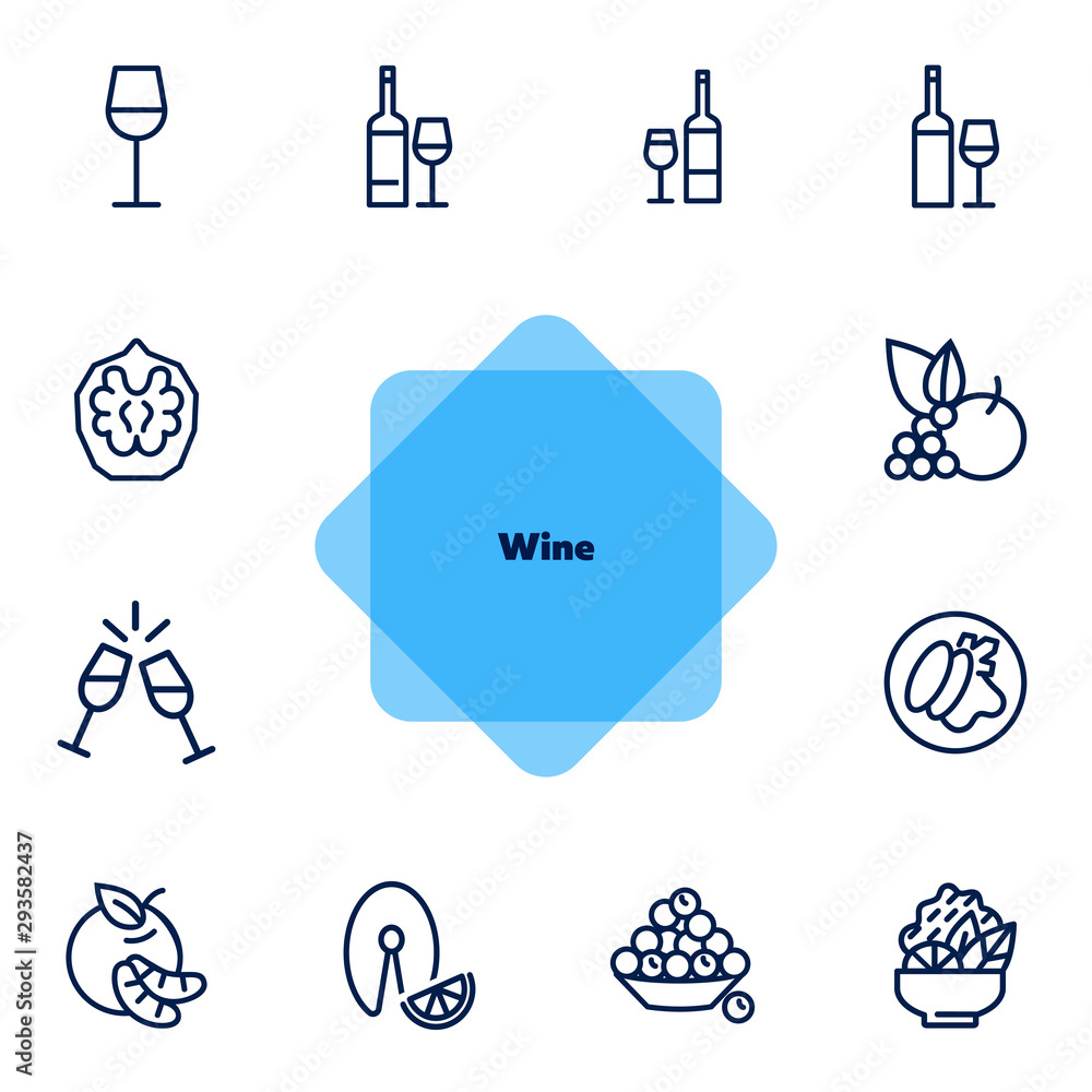 Poster wine line icon set. set of line icons on white background. drinking concept. grape, fruit, bottle. v