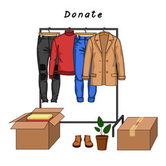 Color Vector Illustration of Clothes Donation. Male Clothes and Carton Boxes Full of Clothes. Jacket, Jeans and Sweater on Hangers. Concept Design of Donate Clothes. Drawing for Charity Day