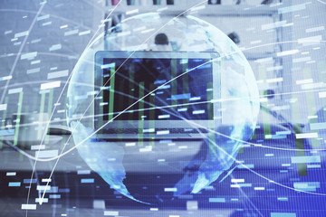 Multi exposure of business theme icons and table with computer background. Concept of success.