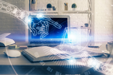 Technology theme drawing and table with computer. Multi exposure. Concept of information.