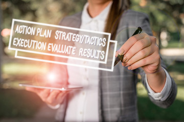 Text sign showing Action Plan Strategy Ortacti. Business photo showcasing Action Plan Strategy Or Tactics Execution Evaluate Results Outdoor background with business woman holding lap top and pen