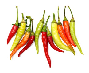 Fresh spicy peppers, paprika set and collection isolated on white background, top view