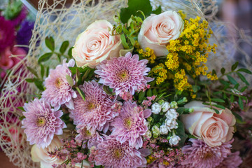 Bouquet of flowers. A beautiful combination of colors in plants. Flowers collected in inflorescence. Bouquet a gift for a girl.