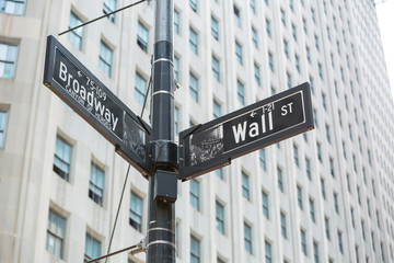 Fototapeta na wymiar Broadway and Wall St., street sign, New York, USA