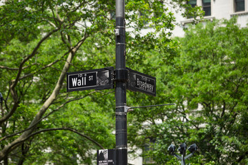 Broadway and Wall St., street sign, New York, USA