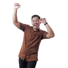 Happy Funny Asian Man Wearing Indonesian Batik Dancing Full of Joy
