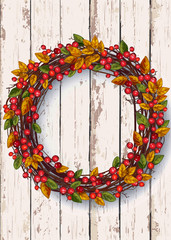 Autumn wreath on a wooden background. Thanksgiving Day