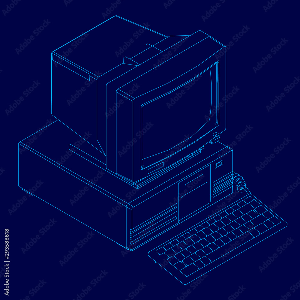 Poster the contour of a retro computer with a large monitor. computer wireframe made of blue lines on a dar