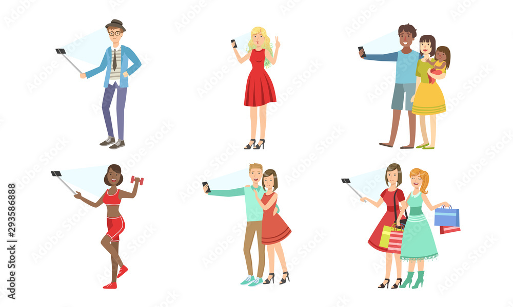 Wall mural Different people take selfies. Set of vector illustrations.