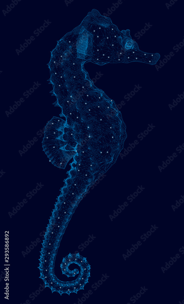 Poster wireframe of a seahorse from blue lines on a dark background with luminous lights. side view. polygo