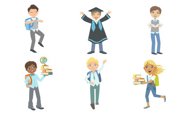 Set of images of schoolchildren in different situations. Vector illustration.