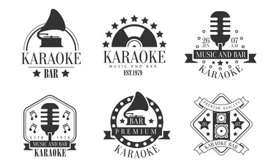 Set of retro emblems for karaoke contest. Vector illustration on a white background.