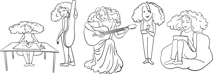 A set of sketches - a girl from ink lines on a white background sits at a table and draws, hears music, plays the guitar sits on a bag at a laptop - creativity, sheet music, fun