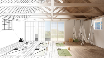 Architect interior designer concept: unfinished project that becomes real, empty yoga studio design, mats, hammocks and accessories, ready for yoga practice, panoramic window