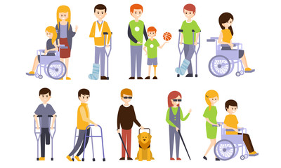 Fototapeta na wymiar Disabled People Set, Blind, Deaf, Injured and Handicapped Persons with Friends Helping Them Vector Illustration